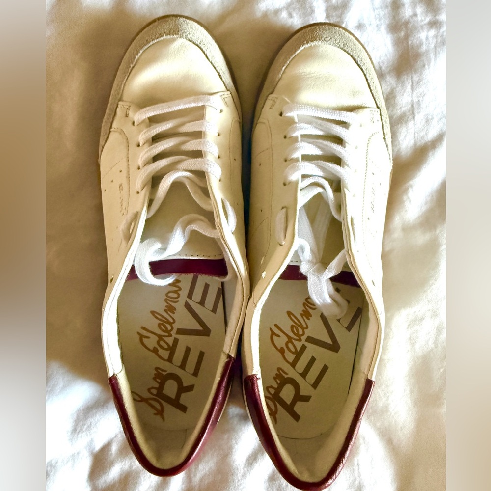 Sam Edelman Josi white leather sneakers cherry red heel size 7.5 - Picture 4 of 7